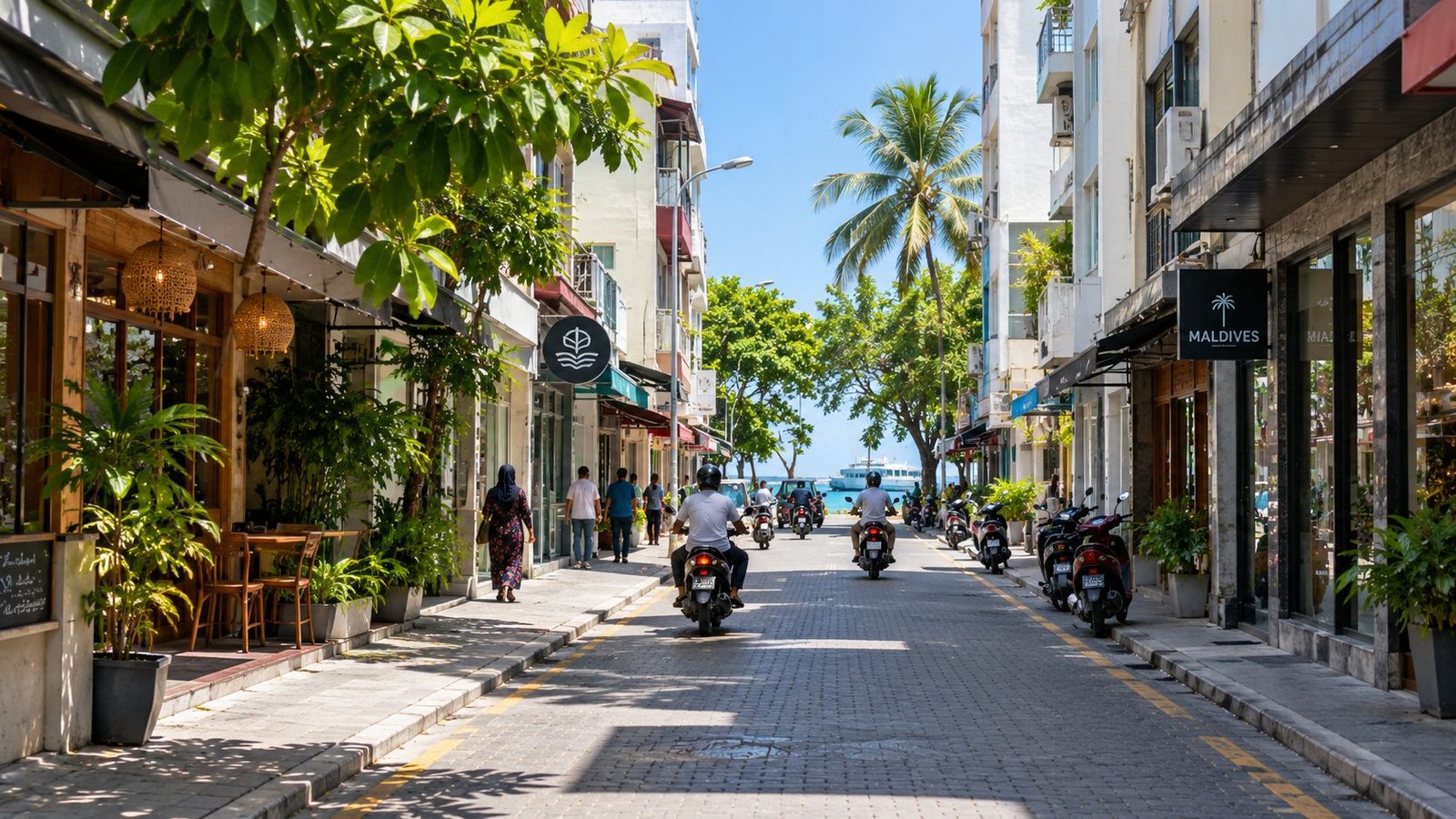 A shaded street in Malé leading toward the waterfront