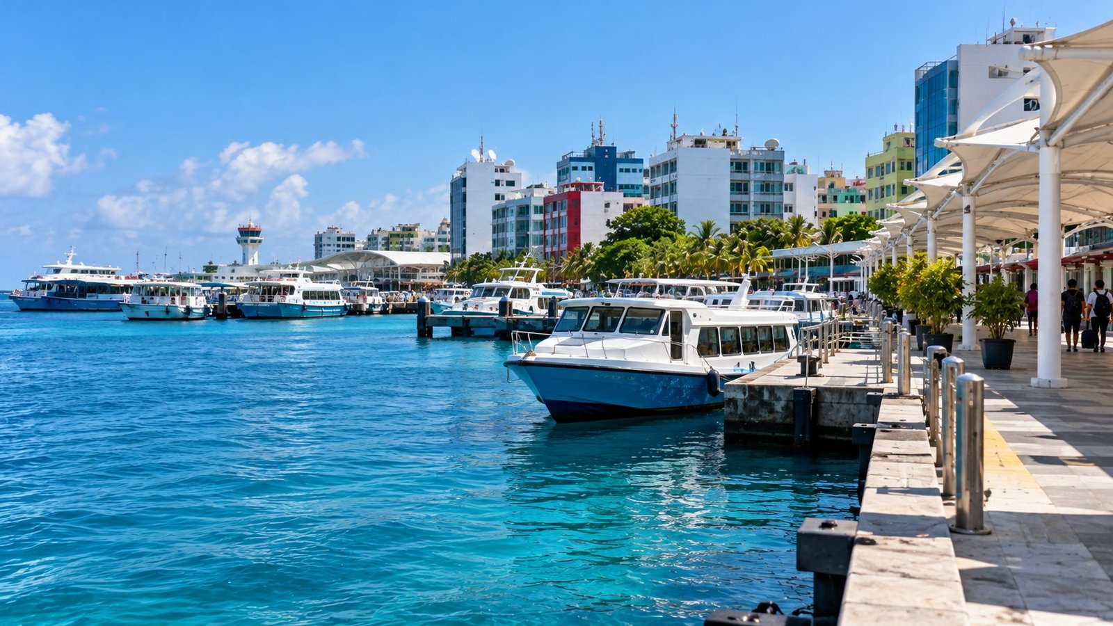 Speedboats along the Malé harbour promenade, Maldives