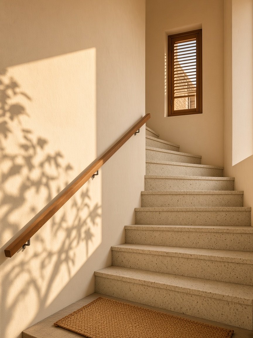 Quiet terrazzo stair and a timber handrail inside the guesthouse.