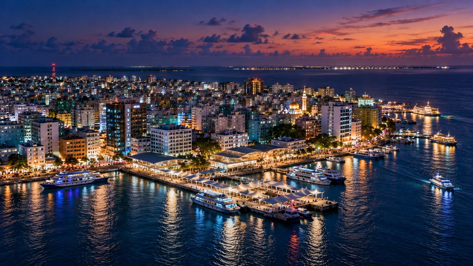 Malé harbour lights at twilight, Maldives